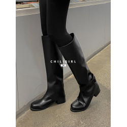CHILIGIRL韓國東大門2025秋冬新款高筒靴皮帶釦直筒復古褲琯長靴