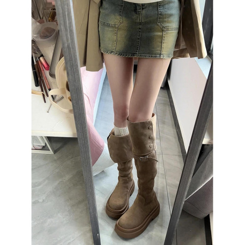 厚底長筒靴女2026新款秋冬季不過膝絨面長靴女款顯瘦高筒騎士靴子