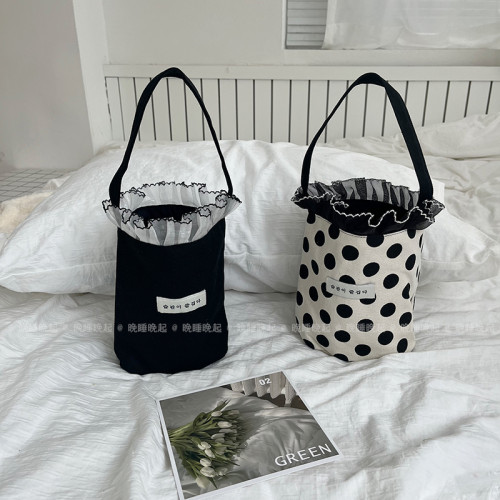 蕾絲花邊韓版可愛手提包水壺杯子雨傘零食手提小拎袋帆布水桶包包