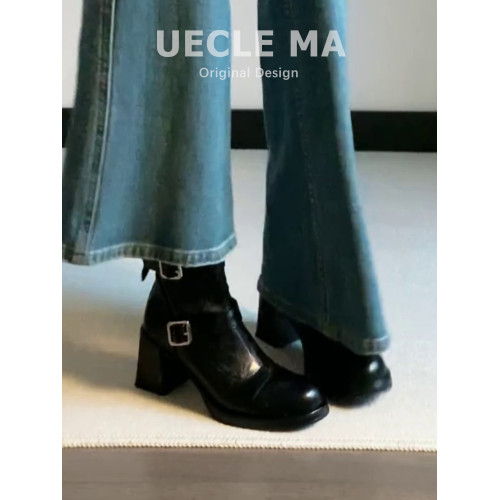 水洗羊皮~高跟短靴女2025新款秋冬加絨厚底馬丁靴法式粗跟瘦瘦靴