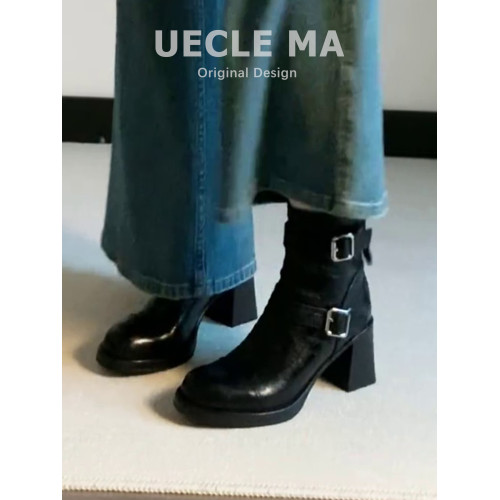 水洗羊皮~高跟短靴女2025新款秋冬加絨厚底馬丁靴法式粗跟瘦瘦靴