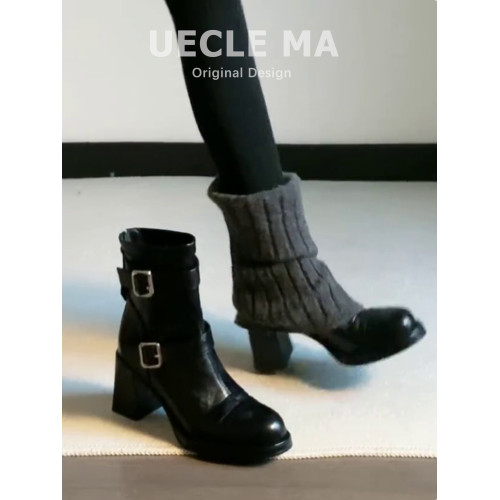 水洗羊皮~高跟短靴女2025新款秋冬加絨厚底馬丁靴法式粗跟瘦瘦靴