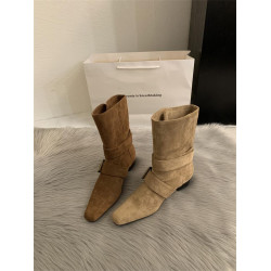 2025韓版新款小衆設計復古法式短靴小方頭西部靴麂皮中筒靴女靴子