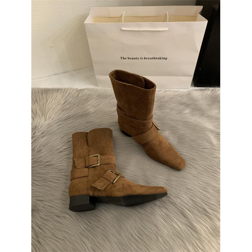 2025韓版新款小衆設計復古法式短靴小方頭西部靴麂皮中筒靴女靴子