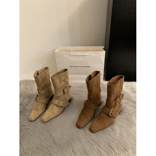 2025韓版新款小衆設計復古法式短靴小方頭西部靴麂皮中筒靴女靴子