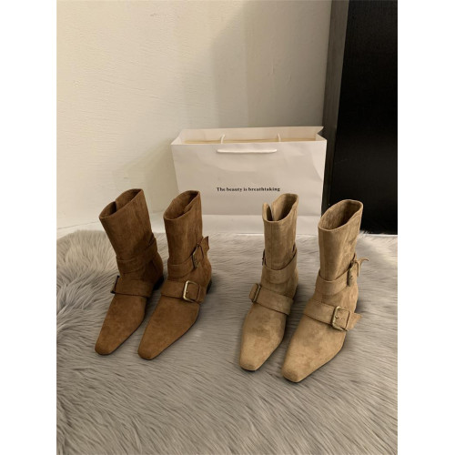 2025韓版新款小衆設計復古法式短靴小方頭西部靴麂皮中筒靴女靴子