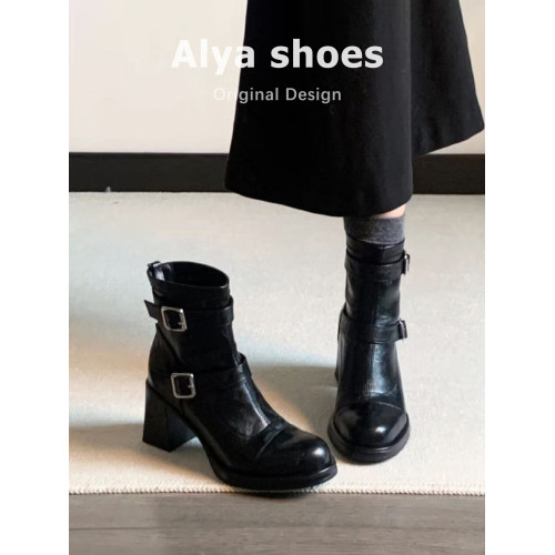 羊皮~高跟厚底短靴女英倫風秋冬新款馬丁靴粗跟皮帶釦加絨瘦瘦靴