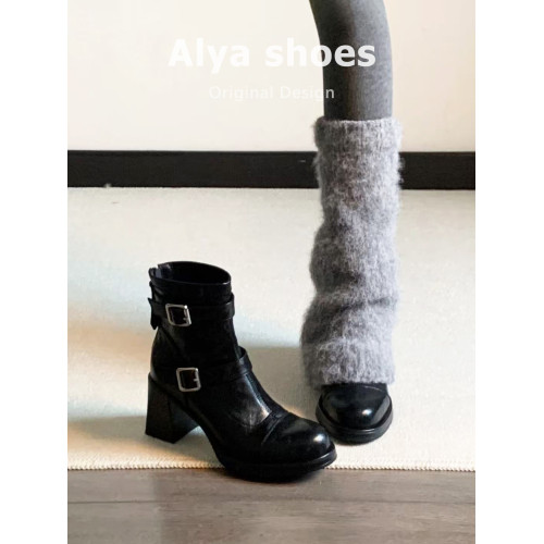羊皮~高跟厚底短靴女英倫風秋冬新款馬丁靴粗跟皮帶釦加絨瘦瘦靴