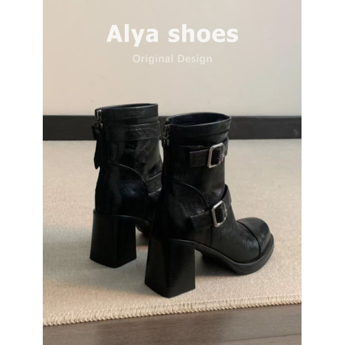 羊皮~高跟厚底短靴女英倫風秋冬新款馬丁靴粗跟皮帶釦加絨瘦瘦靴