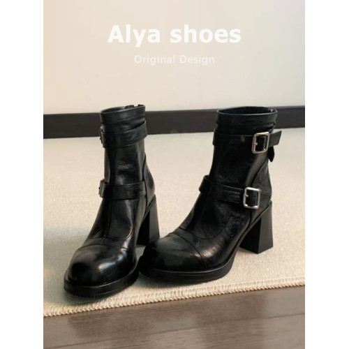 羊皮~高跟厚底短靴女英倫風秋冬新款馬丁靴粗跟皮帶釦加絨瘦瘦靴