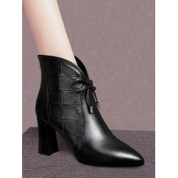 真皮短靴女2025秋冬新款尖頭高跟女粗跟高級紅色喜媽媽婆婆皮靴子