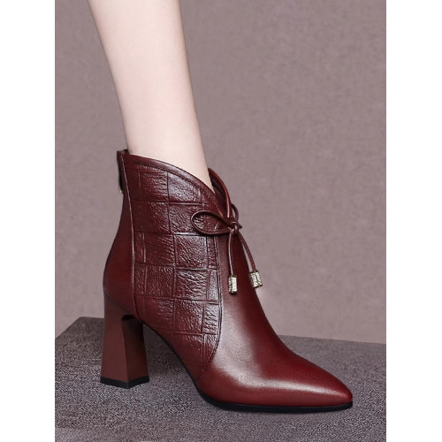 真皮短靴女2025秋冬新款尖頭高跟女粗跟高級紅色喜媽媽婆婆皮靴子