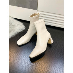 方頭高跟短靴女2025秋冬新款法式皮靴黑色彈力瘦瘦靴百搭粗跟靴子