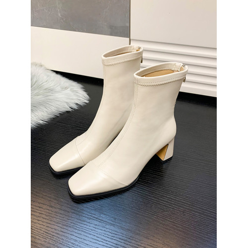 方頭高跟短靴女2025秋冬新款法式皮靴黑色彈力瘦瘦靴百搭粗跟靴子