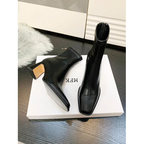 方頭高跟短靴女2025秋冬新款法式皮靴黑色彈力瘦瘦靴百搭粗跟靴子