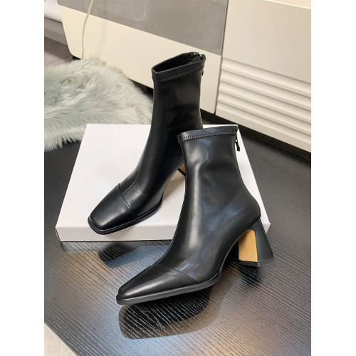 方頭高跟短靴女2025秋冬新款法式皮靴黑色彈力瘦瘦靴百搭粗跟靴子