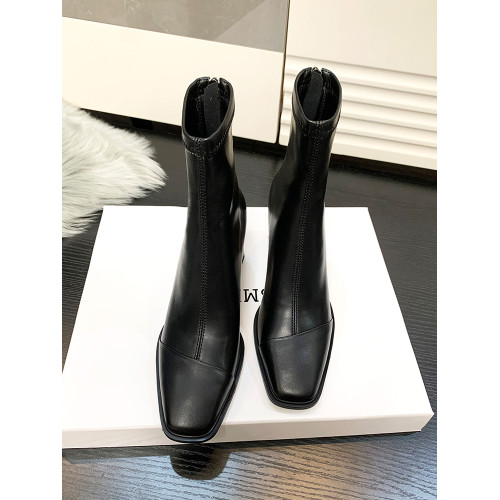 方頭高跟短靴女2025秋冬新款法式皮靴黑色彈力瘦瘦靴百搭粗跟靴子