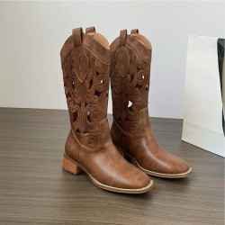 軟皮鏤空刺綉西部牛仔靴女2026新款復古風沙漠夏季靴子棕色中筒靴