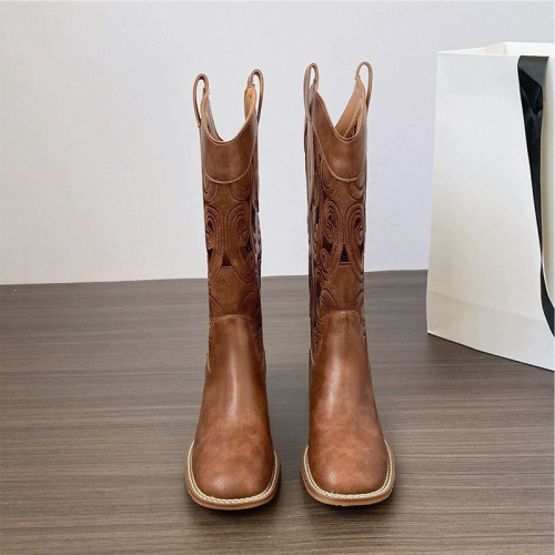 軟皮鏤空刺綉西部牛仔靴女2026新款復古風沙漠夏季靴子棕色中筒靴 軟皮鏤空刺綉西部牛仔靴女2026新款復古風沙漠夏季靴子棕色中筒靴