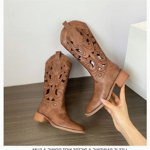 軟皮鏤空刺綉西部牛仔靴女2026新款復古風沙漠夏季靴子棕色中筒靴 軟皮鏤空刺綉西部牛仔靴女2026新款復古風沙漠夏季靴子棕色中筒靴