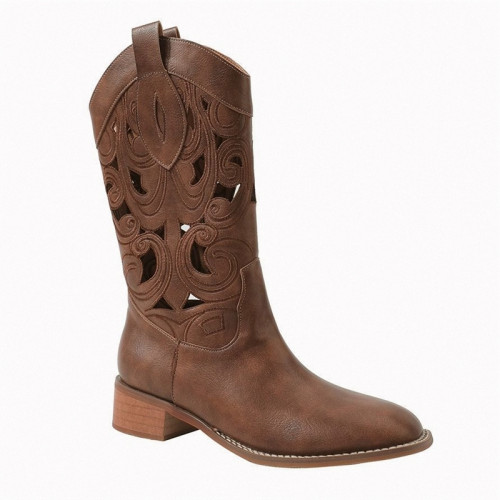 軟皮鏤空刺綉西部牛仔靴女2026新款復古風沙漠夏季靴子棕色中筒靴 軟皮鏤空刺綉西部牛仔靴女2026新款復古風沙漠夏季靴子棕色中筒靴