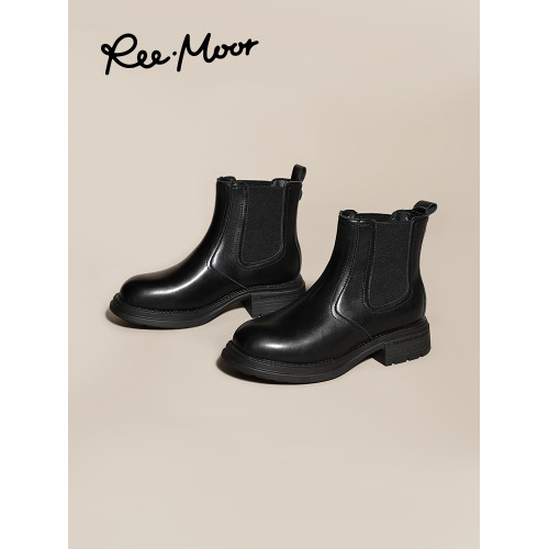 reemoor英倫風靴子切爾西靴2025年秋冬新款菸筒靴粗跟短靴睿慕