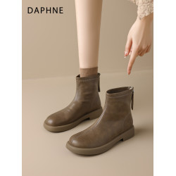 達芙妮復古短靴女2025秋冬新款加絨靴子軟底馬丁靴厚底棕色瘦瘦靴