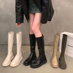 厚底白色瘦瘦長筒騎士靴女鞋2026新款秋冬季加絨小個子中筒長靴子