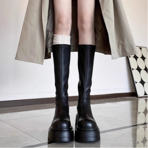 黑色厚底增高長筒靴子女2025年新款時尚百搭不過膝高筒騎士靴長靴