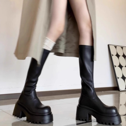 黑色厚底增高長筒靴子女2025年新款時尚百搭不過膝高筒騎士靴長靴
