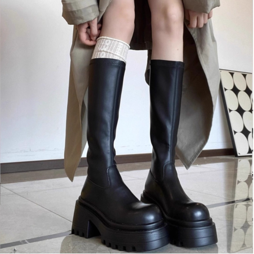 黑色厚底增高長筒靴子女2025年新款時尚百搭不過膝高筒騎士靴長靴