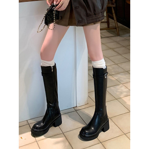高筒騎士靴彈力黑色粗跟美德拉2026新款小個子厚底長靴長筒靴子女 高筒騎士靴彈力黑色粗跟美德拉2026新款小個子厚底長靴長筒靴子女