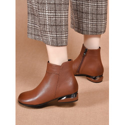 全牛皮真皮小短靴女圓頭軟皮裸靴2025秋冬新款單靴低跟加絨平底靴