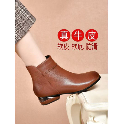 全牛皮真皮小短靴女圓頭軟皮裸靴2025秋冬新款單靴低跟加絨平底靴