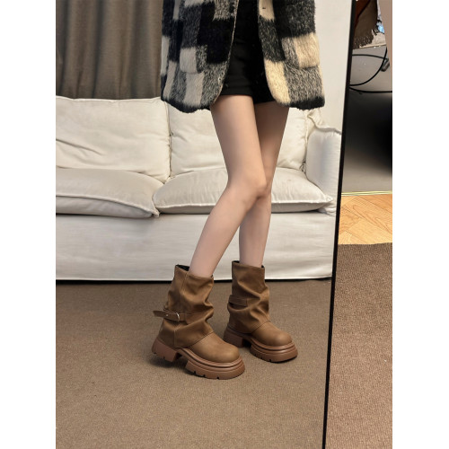 厚底英倫風馬丁靴子女夏2026新款復古美拉德棕色西部牛仔褲琯短靴