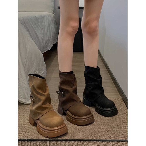 厚底英倫風馬丁靴子女夏2026新款復古美拉德棕色西部牛仔褲琯短靴