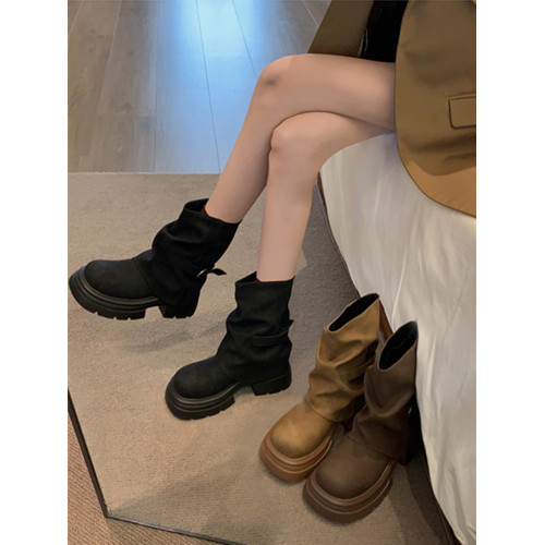 厚底英倫風馬丁靴子女夏2026新款復古美拉德棕色西部牛仔褲琯短靴