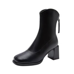 雪地靴女2024冬季新款方頭粗跟高跟靴子女加棉加厚保暖短靴馬丁靴