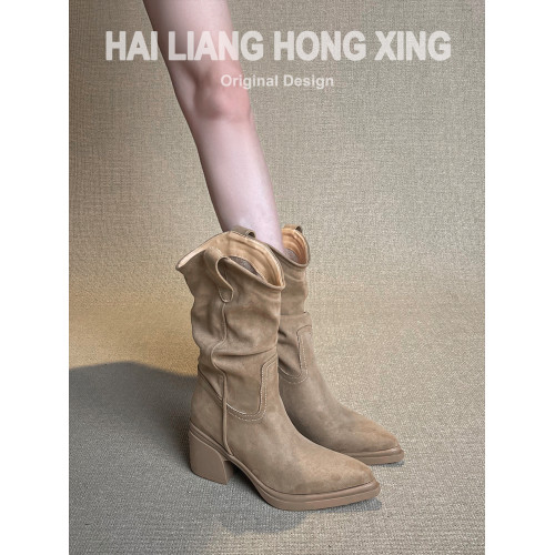 羊皮版~復古尖頭高跟短靴女厚底粗跟褶皺堆堆靴西部騎士靴馬丁靴