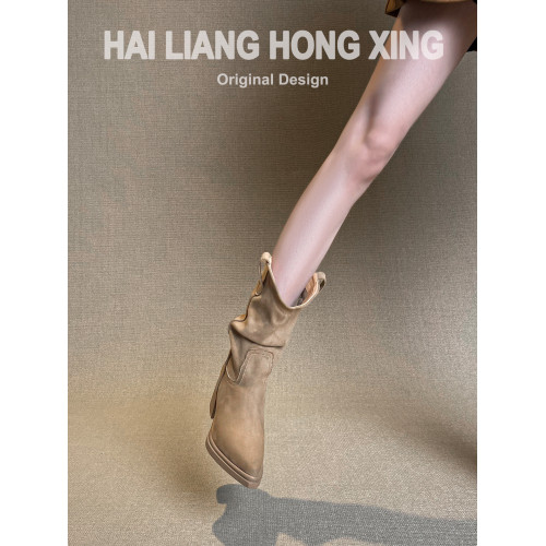 羊皮版~復古尖頭高跟短靴女厚底粗跟褶皺堆堆靴西部騎士靴馬丁靴