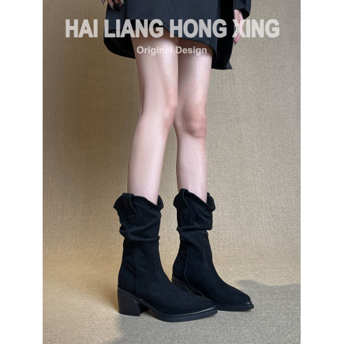 羊皮版~復古尖頭高跟短靴女厚底粗跟褶皺堆堆靴西部騎士靴馬丁靴