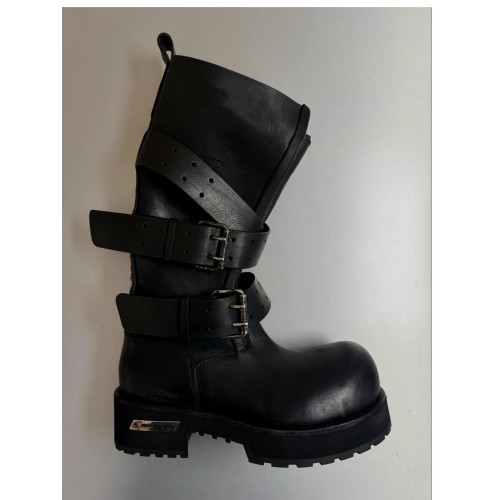 Venom巴黎毒液靴復古皮帶釦大筒圍厚底機車靴女長筒靴大頭馬丁靴