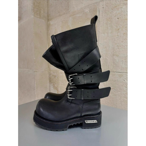 Venom巴黎毒液靴復古皮帶釦大筒圍厚底機車靴女長筒靴大頭馬丁靴