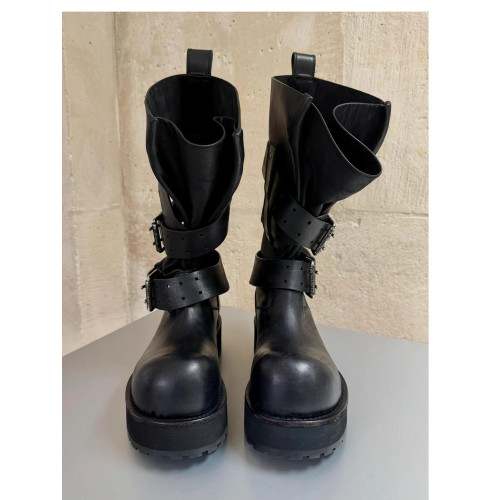 Venom巴黎毒液靴復古皮帶釦大筒圍厚底機車靴女長筒靴大頭馬丁靴