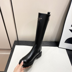 中筒高高長筒顯瘦騎士靴女三角標直筒圓頭厚底秋冬真皮內增高長靴