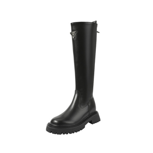 中筒高高長筒顯瘦騎士靴女三角標直筒圓頭厚底秋冬真皮內增高長靴