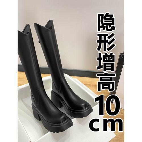 內增高10CM厚底長筒靴女2024秋冬真皮V口不過膝小個子粗跟騎士靴