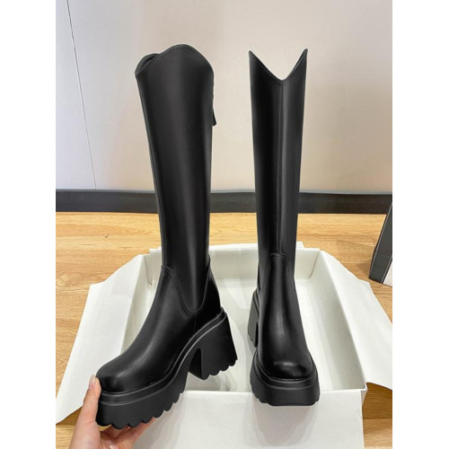 內增高10CM厚底長筒靴女2024秋冬真皮V口不過膝小個子粗跟騎士靴