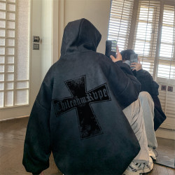 特大碼300斤麂皮絨衛衣男女春秋復古重磅加絨十字架連帽上衣外套2