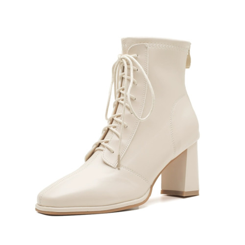 白色法式洋氣小短靴女2025新款春秋單靴氣質百搭高跟馬丁靴粗跟鞋